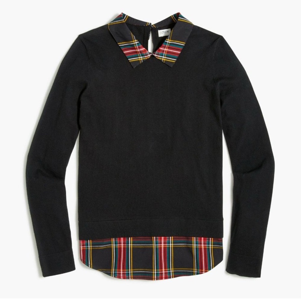 J Crew AF729 Size XL Chic Black Woven Sweater w/ Stewart Plaid Hem